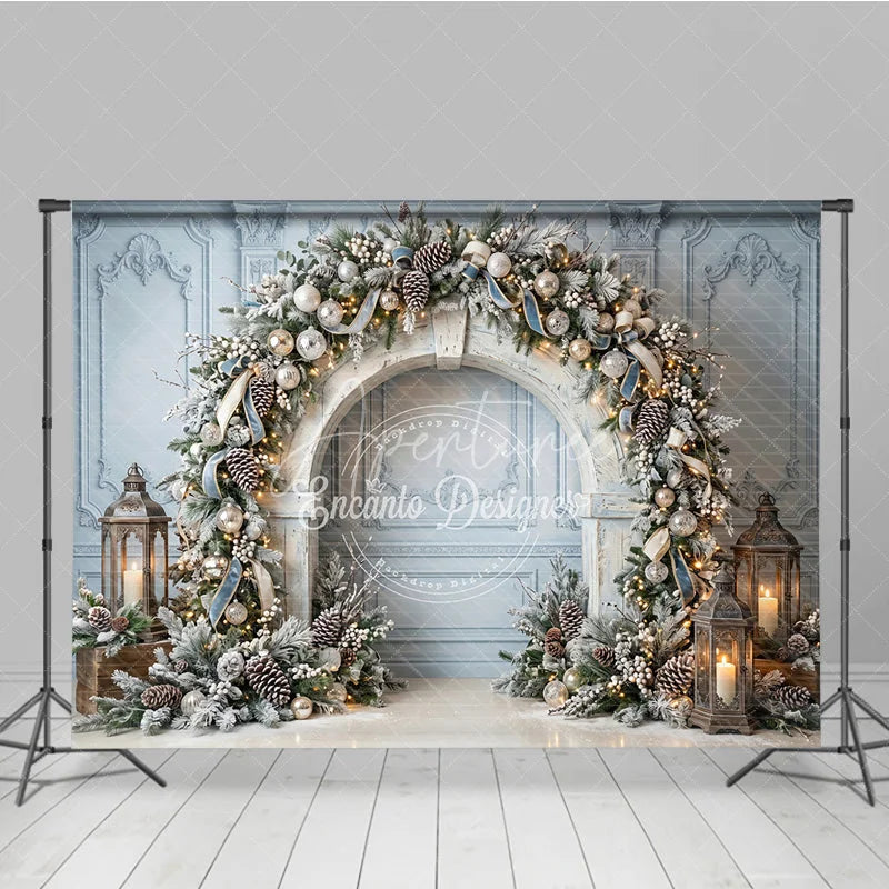 Aperturee - Aperturee Elegant Winter Wonderland Holiday Backdrop Frosted Pine and Ornaments with String Lights Archway