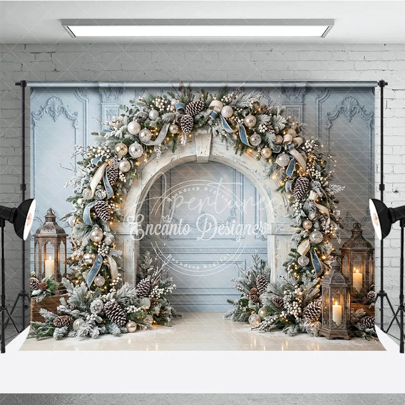 Aperturee - Aperturee Elegant Winter Wonderland Holiday Backdrop Frosted Pine and Ornaments with String Lights Archway