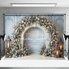 Aperturee - Aperturee Elegant Winter Wonderland Holiday Backdrop Frosted Pine and Ornaments with String Lights Archway