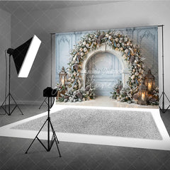 Aperturee - Aperturee Elegant Winter Wonderland Holiday Backdrop Frosted Pine and Ornaments with String Lights Archway