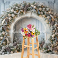 Aperturee - Aperturee Elegant Winter Wonderland Holiday Backdrop Frosted Pine and Ornaments with String Lights Archway