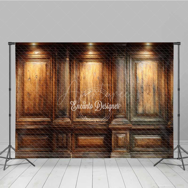 Aperturee - Aperturee Elegant Wood Wall Photography Backdrop Vintage Library or Office with Spotlights Classic Dark Academia Photo Prop
