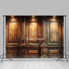 Aperturee - Aperturee Elegant Wood Wall Photography Backdrop Vintage Library or Office with Spotlights Classic Dark Academia Photo Prop