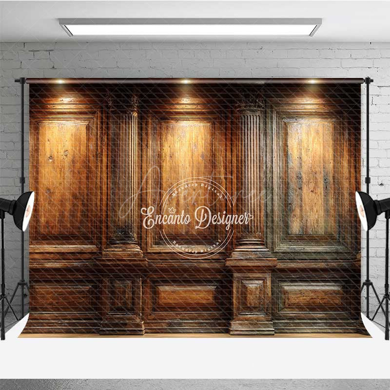 Aperturee - Aperturee Elegant Wood Wall Photography Backdrop Vintage Library or Office with Spotlights Classic Dark Academia Photo Prop