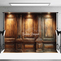 Aperturee - Aperturee Elegant Wood Wall Photography Backdrop Vintage Library or Office with Spotlights Classic Dark Academia Photo Prop