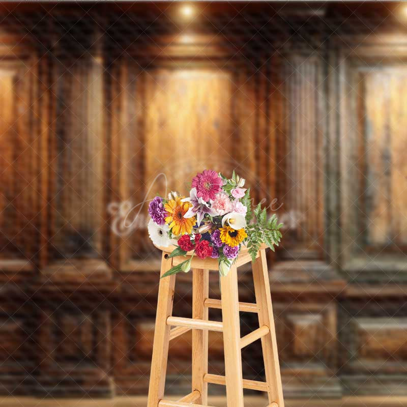 Aperturee - Aperturee Elegant Wood Wall Photography Backdrop Vintage Library or Office with Spotlights Classic Dark Academia Photo Prop
