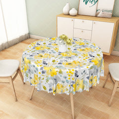 Aperturee - Aperturee Elegant Yellow Flowers Green Trim Wave Tablecloth