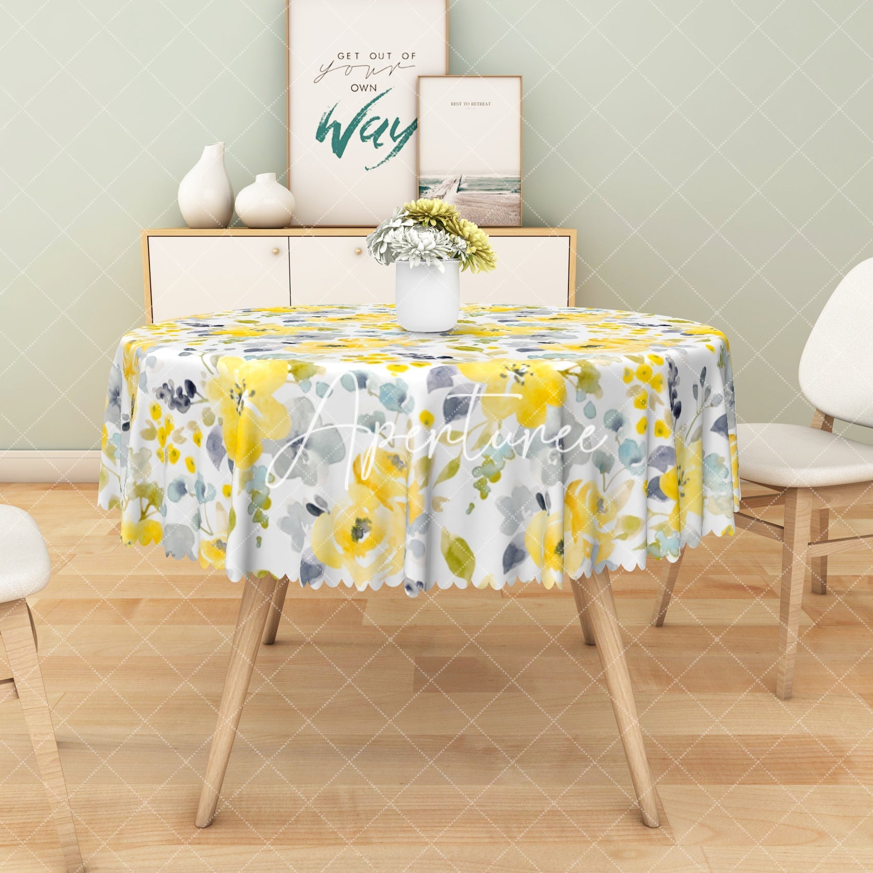 Aperturee - Aperturee Elegant Yellow Flowers Green Trim Wave Tablecloth