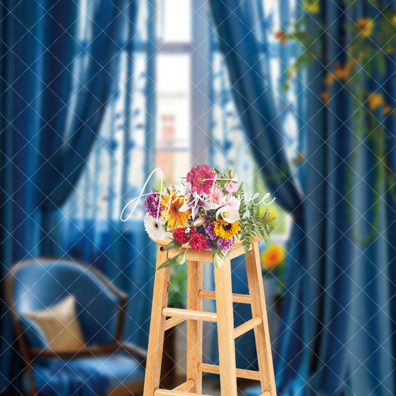 Aperturee - Aperturee Elelgant Blue Curtain Chair Floral Window Backdrop