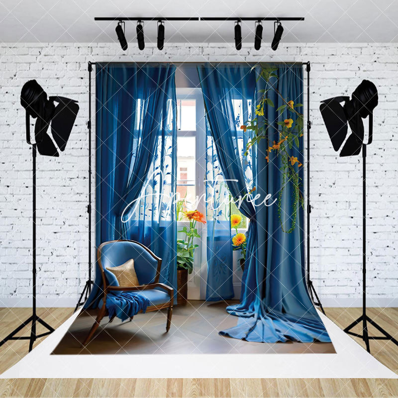 Aperturee - Aperturee Elelgant Blue Curtain Chair Floral Window Backdrop