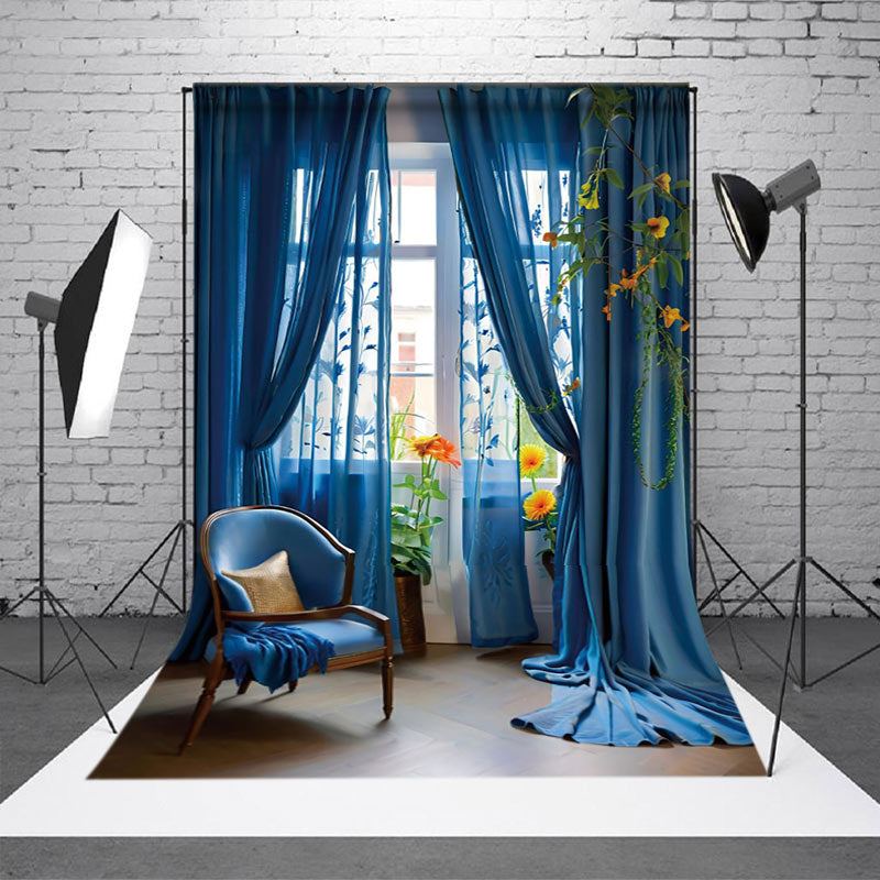 Aperturee - Aperturee Elelgant Blue Curtain Chair Floral Window Backdrop