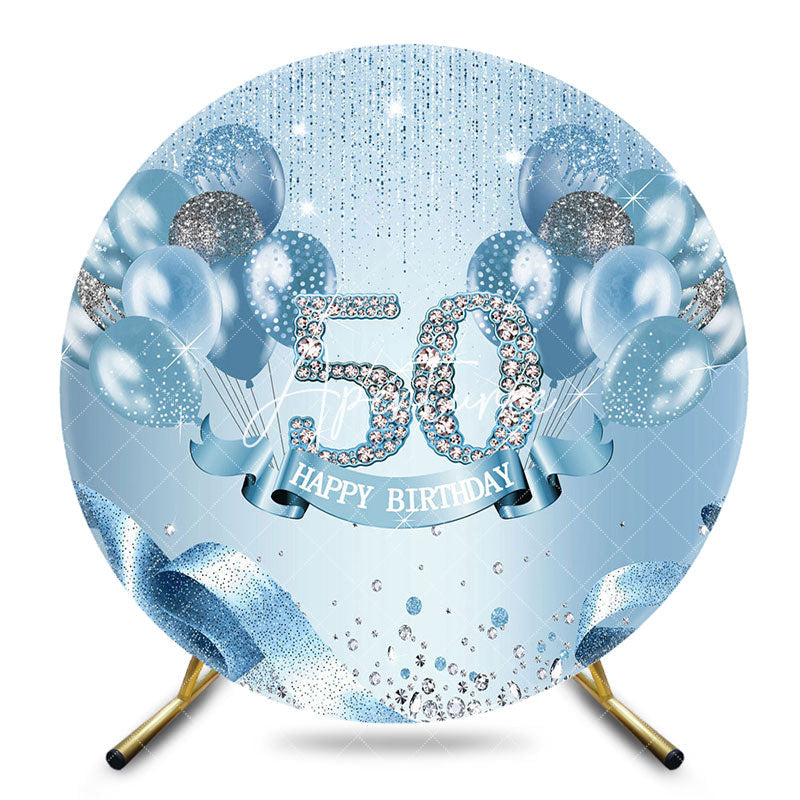 Aperturee - Aperturee Elelgant Blue Glitter Round 50th Birthday Backdrop