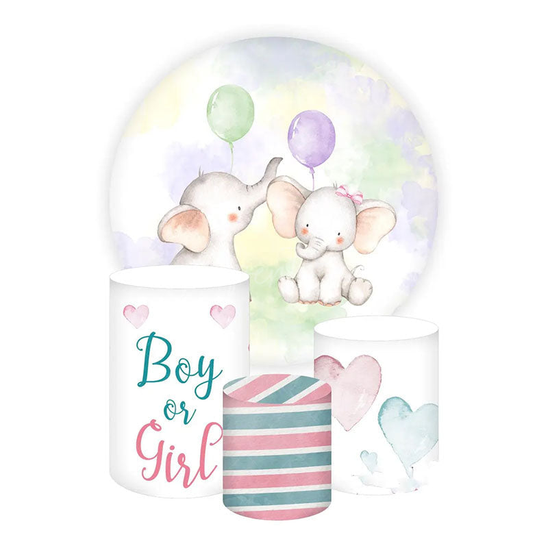 Aperturee Aperturee Elephant Gender Reveal Baby Shower Round Backdrop Kit Cute Boy or Girl Elephants He or She Photo Prop Decor