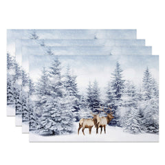 Aperturee - Aperturee Elk Snowland Pine Forest Winter Set Of 4 Placemats