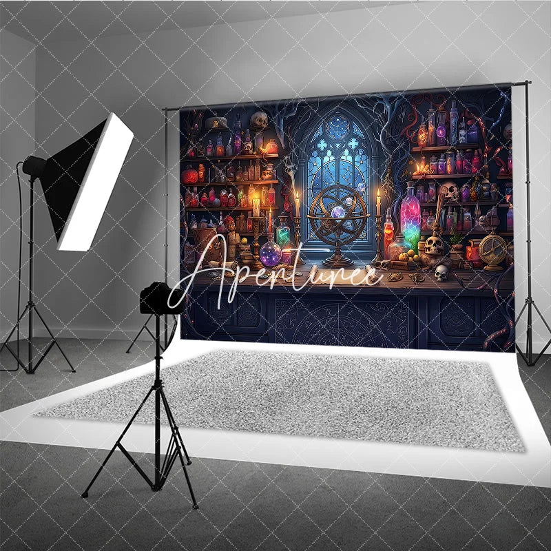 Aperturee - Aperturee Enchanted Alchemist Workshop Photography Backdrop Gothic Window Celestial Armillary Sphere Magical Potions and Scrolls