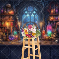 Aperturee - Aperturee Enchanted Alchemist Workshop Photography Backdrop Gothic Window Celestial Armillary Sphere Magical Potions and Scrolls