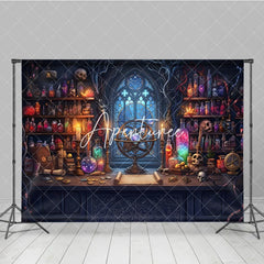 Aperturee - Aperturee Enchanted Alchemist Workshop Photography Backdrop Gothic Window Celestial Armillary Sphere Magical Potions and Scrolls