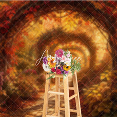Aperturee - Aperturee Enchanted Autumn Archway Path Photography Backdrop Vibrant Red and Orange Fall Colors for Photoshoot