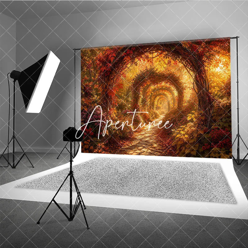 Aperturee - Aperturee Enchanted Autumn Archway Path Photography Backdrop Vibrant Red and Orange Fall Colors for Photoshoot
