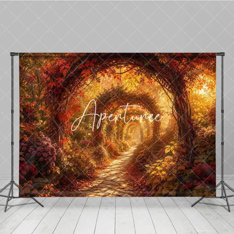 Aperturee - Aperturee Enchanted Autumn Archway Path Photography Backdrop Vibrant Red and Orange Fall Colors for Photoshoot