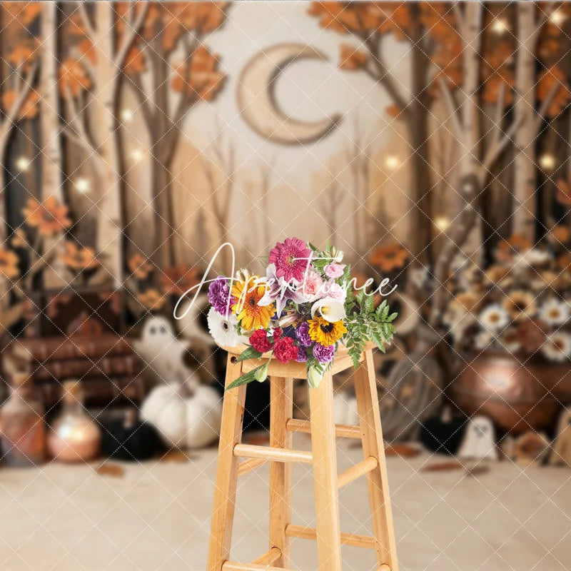 Aperturee - Aperturee Enchanted Autumn Forest Photography Backdrop featuring Ghosts Pumpkins Stars and Crescent Moon for Halloween