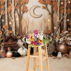 Aperturee - Aperturee Enchanted Autumn Forest Photography Backdrop featuring Ghosts Pumpkins Stars and Crescent Moon for Halloween