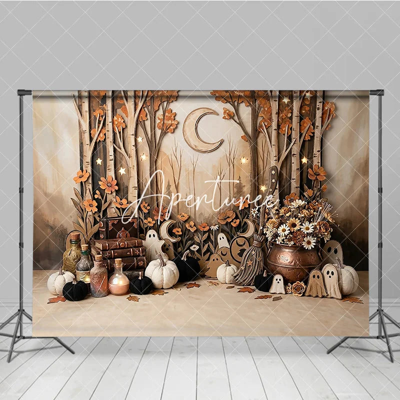 Aperturee - Aperturee Enchanted Autumn Forest Photography Backdrop featuring Ghosts Pumpkins Stars and Crescent Moon for Halloween
