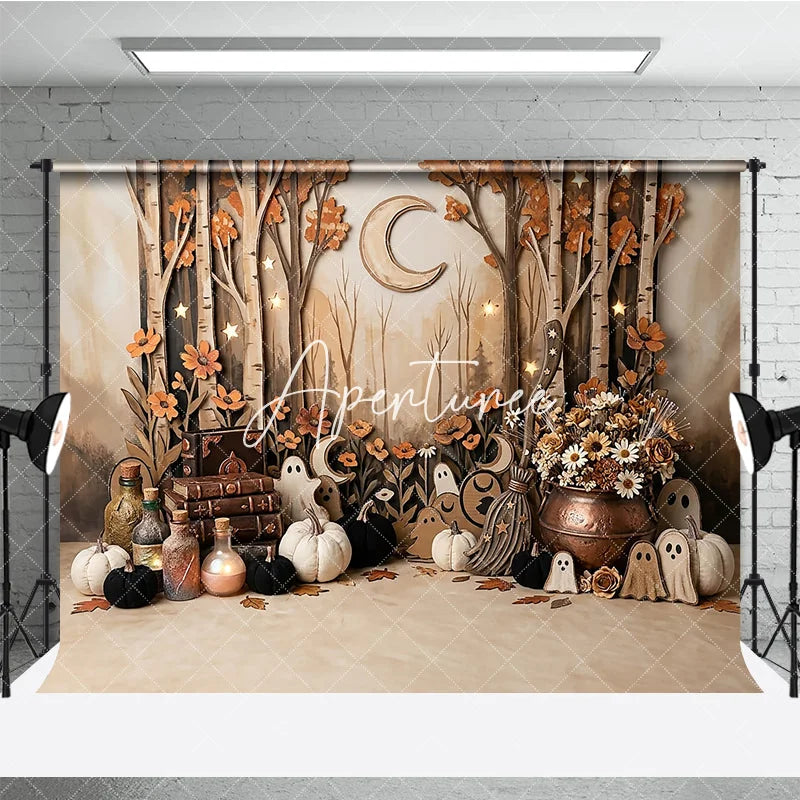 Aperturee - Aperturee Enchanted Autumn Forest Photography Backdrop featuring Ghosts Pumpkins Stars and Crescent Moon for Halloween