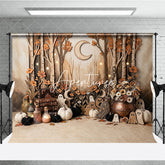 Aperturee - Aperturee Enchanted Autumn Forest Photography Backdrop featuring Ghosts Pumpkins Stars and Crescent Moon for Halloween