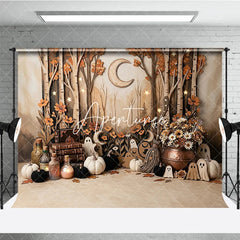 Aperturee - Aperturee Enchanted Autumn Forest Photography Backdrop featuring Ghosts Pumpkins Stars and Crescent Moon for Halloween