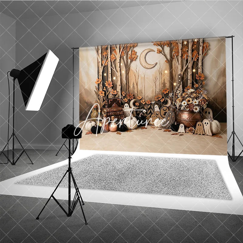 Aperturee - Aperturee Enchanted Autumn Forest Photography Backdrop featuring Ghosts Pumpkins Stars and Crescent Moon for Halloween