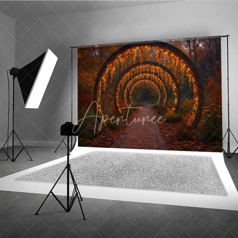 Aperturee - Aperturee Enchanted Autumn Forest Photography Backdrop Path Through Glowing Arches Magical Fall Wedding Photo Background
