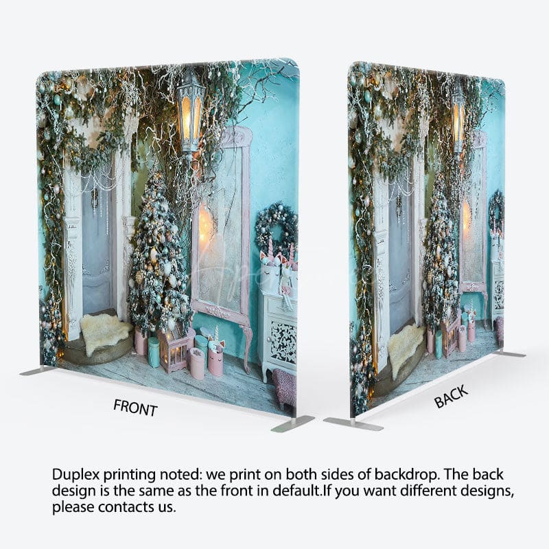 Aperturee - Aperturee Enchanted Blue House Christmas Tension Fabric Backdrop