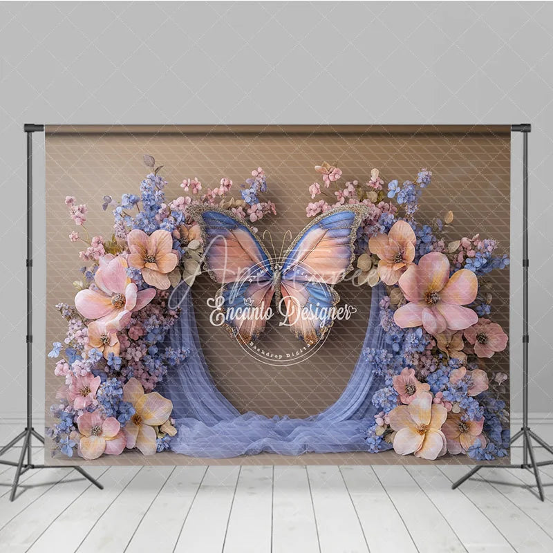 Aperturee - Aperturee Enchanted Butterfly Photography Backdrop Pink and Blue Floral Arch Magical Maternity or Wedding Photo Booth