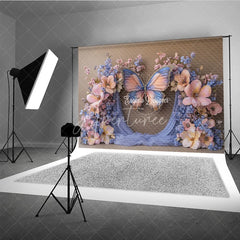 Aperturee - Aperturee Enchanted Butterfly Photography Backdrop Pink and Blue Floral Arch Magical Maternity or Wedding Photo Booth