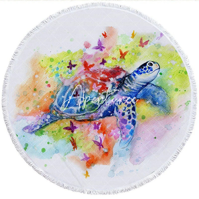 Aperturee - Aperturee Enchanted Butterfly Turtle Colored Round Beach Towel