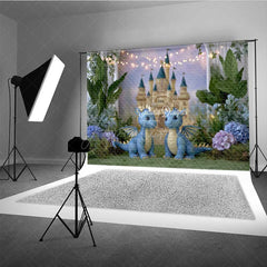 Aperturee - Aperturee Enchanted Castle Cake Smash Photography Backdrop Cute Twin Dragons with Fairy Lights Magical Birthday Prop