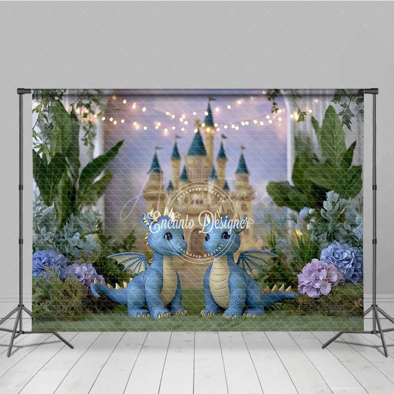 Aperturee - Aperturee Enchanted Castle Cake Smash Photography Backdrop Cute Twin Dragons with Fairy Lights Magical Birthday Prop