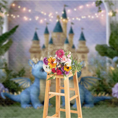 Aperturee - Aperturee Enchanted Castle Cake Smash Photography Backdrop Cute Twin Dragons with Fairy Lights Magical Birthday Prop