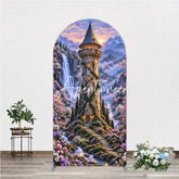 Aperturee - Aperturee Enchanted Castle Tower Waterfall Round Top Arch Backdrop Magical Fairytale Cherry Blossom Forest Sunset Decor