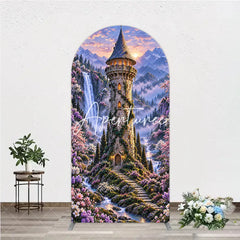 Aperturee - Aperturee Enchanted Castle Tower Waterfall Round Top Arch Backdrop Magical Fairytale Cherry Blossom Forest Sunset Decor