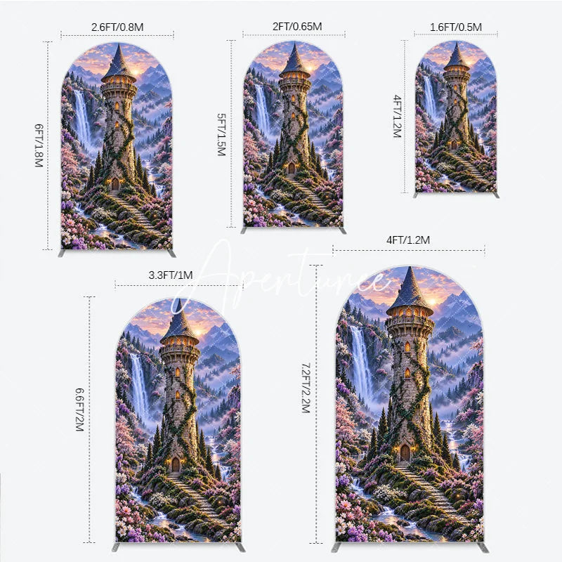 Aperturee - Aperturee Enchanted Castle Tower Waterfall Round Top Arch Backdrop Magical Fairytale Cherry Blossom Forest Sunset Decor