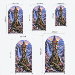 Aperturee - Aperturee Enchanted Castle Tower Waterfall Round Top Arch Backdrop Magical Fairytale Cherry Blossom Forest Sunset Decor