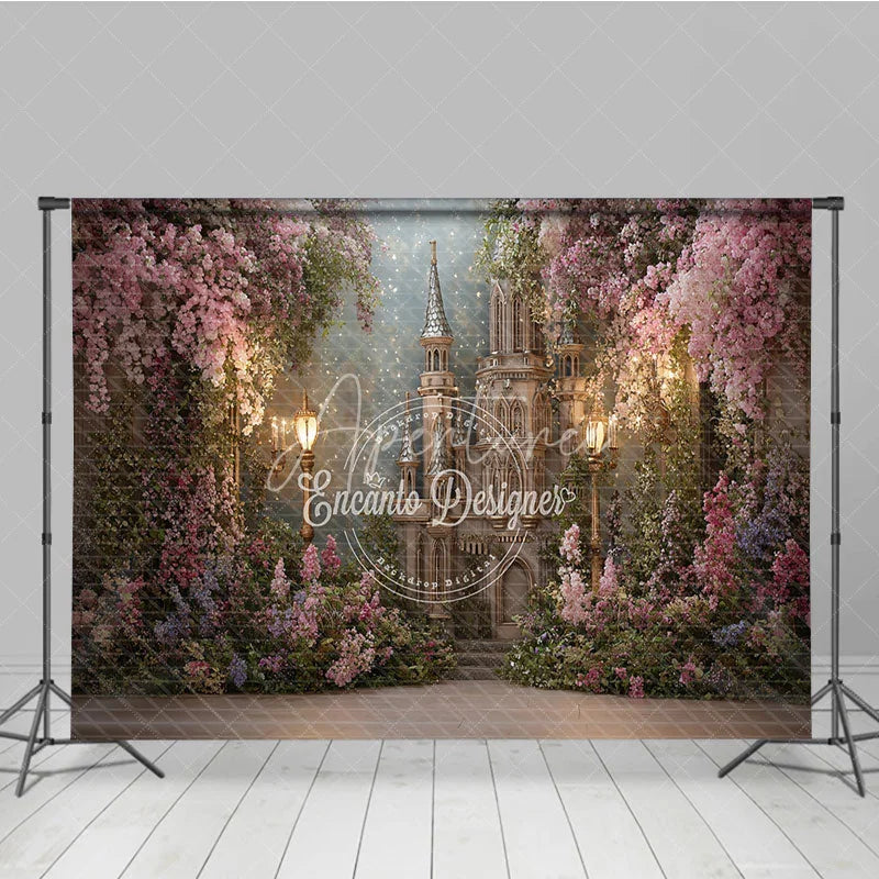 Aperturee - Aperturee Enchanted Castle with Pink and Purple Flowers Photography Backdrop Magical Fairytale Princess Birthday Party Decor.