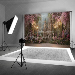 Aperturee - Aperturee Enchanted Castle with Pink and Purple Flowers Photography Backdrop Magical Fairytale Princess Birthday Party Decor.
