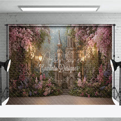 Aperturee - Aperturee Enchanted Castle with Pink and Purple Flowers Photography Backdrop Magical Fairytale Princess Birthday Party Decor.