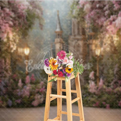 Aperturee - Aperturee Enchanted Castle with Pink and Purple Flowers Photography Backdrop Magical Fairytale Princess Birthday Party Decor.