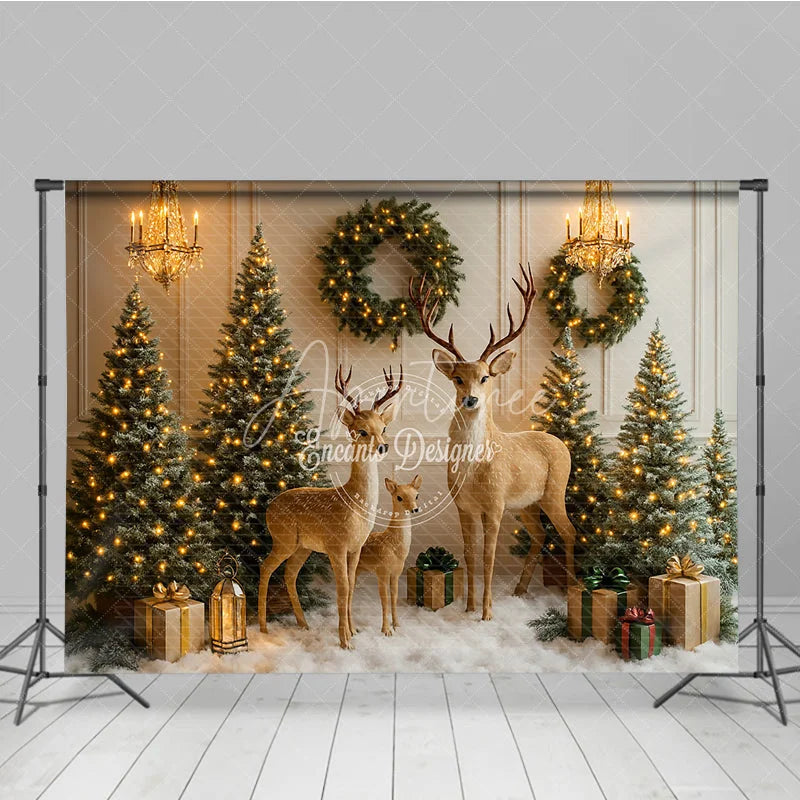 Aperturee - Aperturee Enchanted Christmas Photography Backdrop Reindeer Family in a Snowy Room Elegant Holiday Mini Session Background