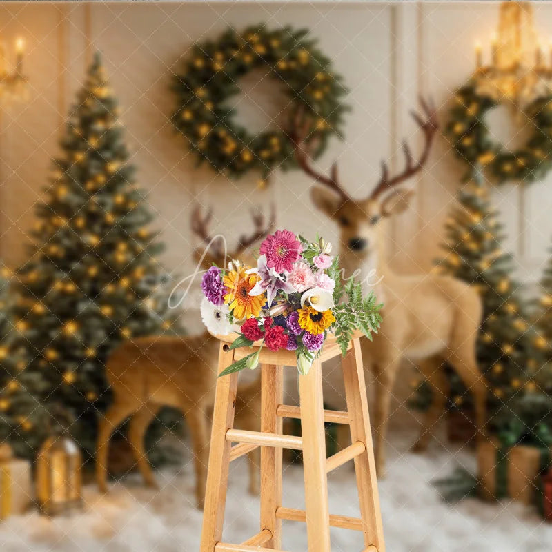 Aperturee - Aperturee Enchanted Christmas Photography Backdrop Reindeer Family in a Snowy Room Elegant Holiday Mini Session Background
