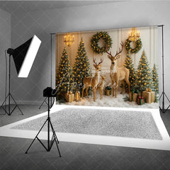 Aperturee - Aperturee Enchanted Christmas Photography Backdrop Reindeer Family in a Snowy Room Elegant Holiday Mini Session Background